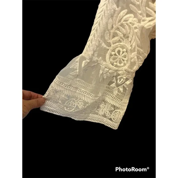 Soieblu •Women 1XL• Ivory Sheer Embroidered Lace Nude Underlay Dress Bell Sleeve - Picture 8 of 8